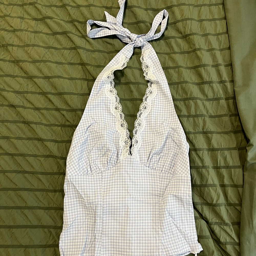 Garage Gingham Halter Top with Lace Trim